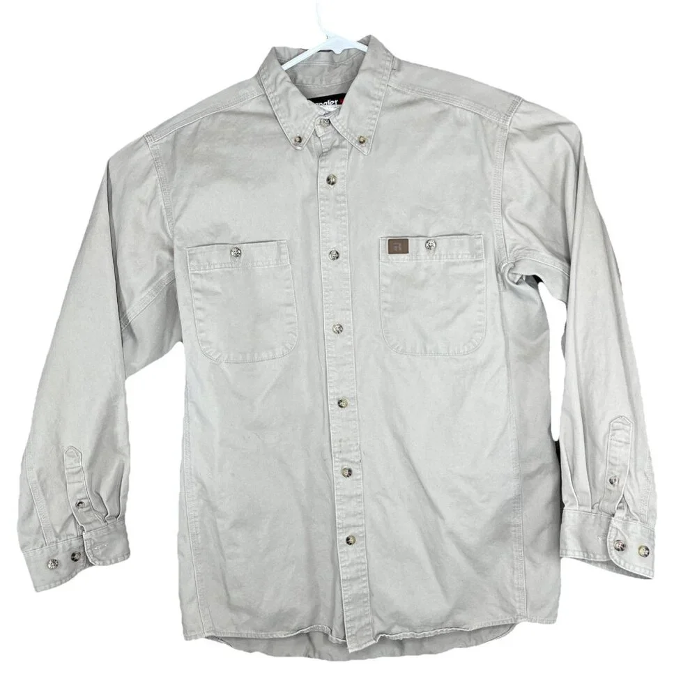 Wrangler Riggs Workwear Button Down Shirt Mens Lg Button Up Pocket Taupe Khaki - Picture 1 of 11